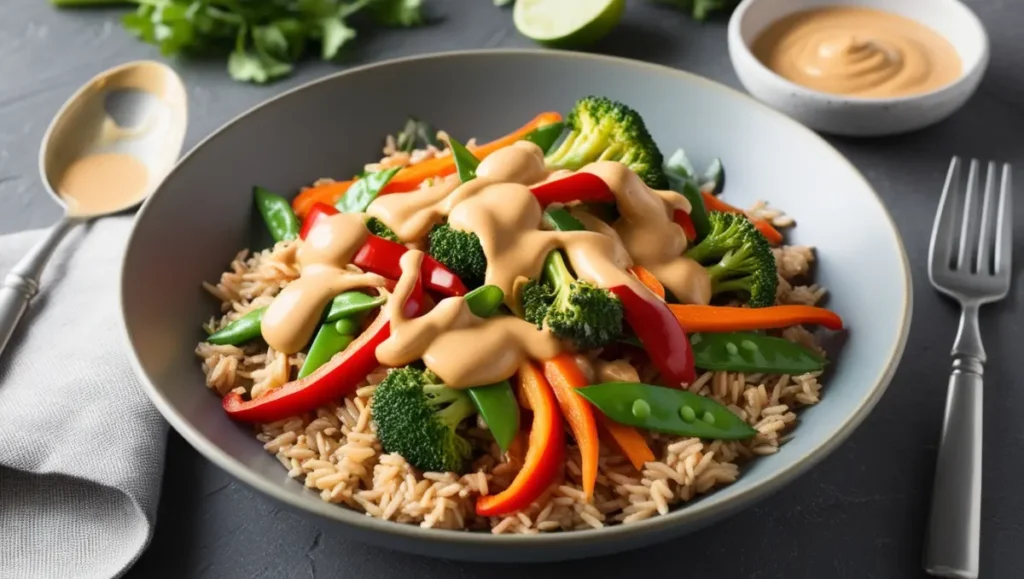 Brown Rice and Veggie Stir-Fry with Creamy Peanut Sauce, Healthy Dinner Recipes for Two