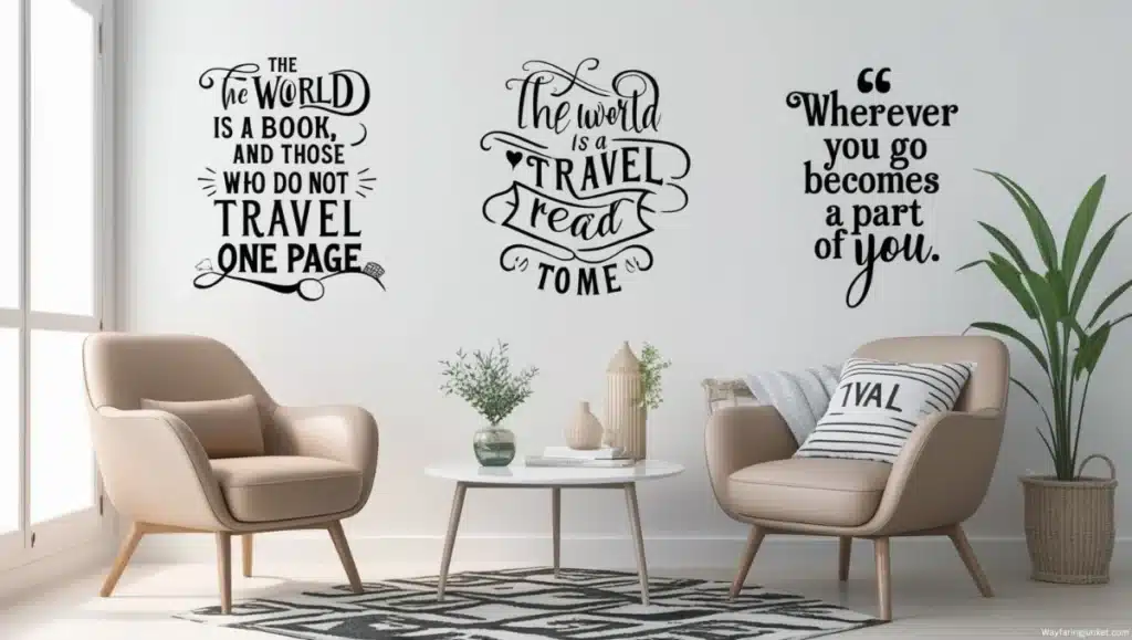 A modern living space with travel-themed wall decals featuring motivational quotes in elegant vinyl lettering on a clean, well-lit wall, creating a stylish and inspiring atmosphere.