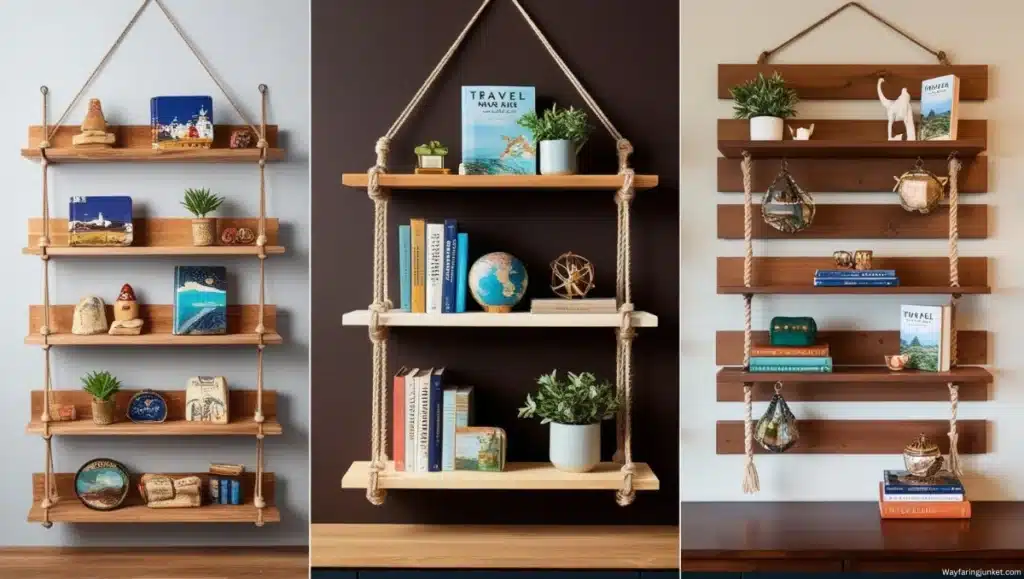 An aesthetically pleasing travel-themed hanging shelf with wooden boards displaying travel books, small plants, and souvenirs, set against a cozy, warmly lit backdrop.
