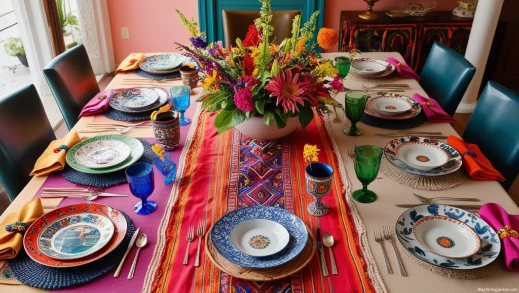 Vibrant dining space featuring unique tableware from various cultures, with Moroccan lanterns, Italian ceramics, and a centerpiece of exotic flowers and colorful textiles.