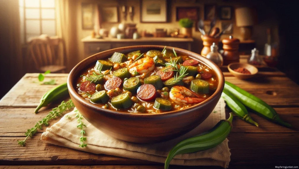 A hearty bowl of gumbo with sausage, shrimp, okra, and spices served over rice, with a rustic kitchen background.