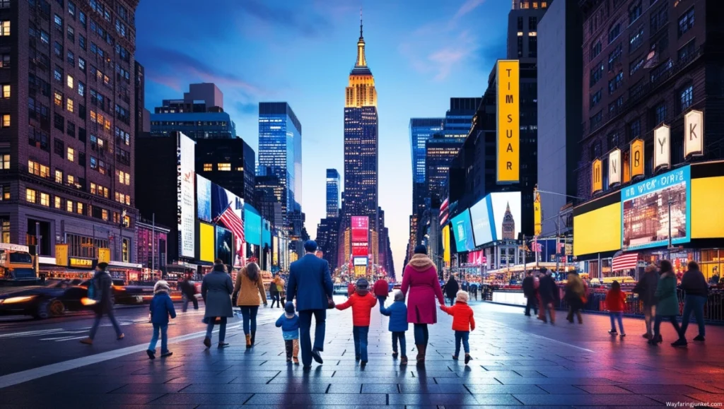 Families walking along the bustling streets of New York City at dusk, with iconic landmarks like the Empire State Building and Times Square illuminated in the background.