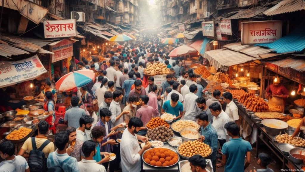 A bustling food street in Mumbai with colorful stalls selling vada pav, pani puri, and samosas, and people queuing up for street food.