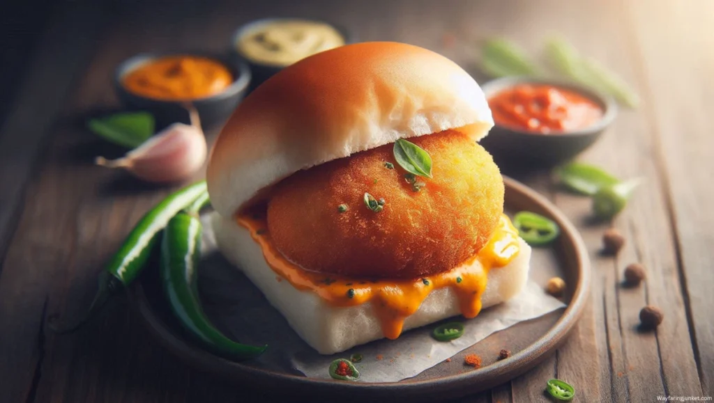 Close-up of Vada Pav with chutneys and green chilies
