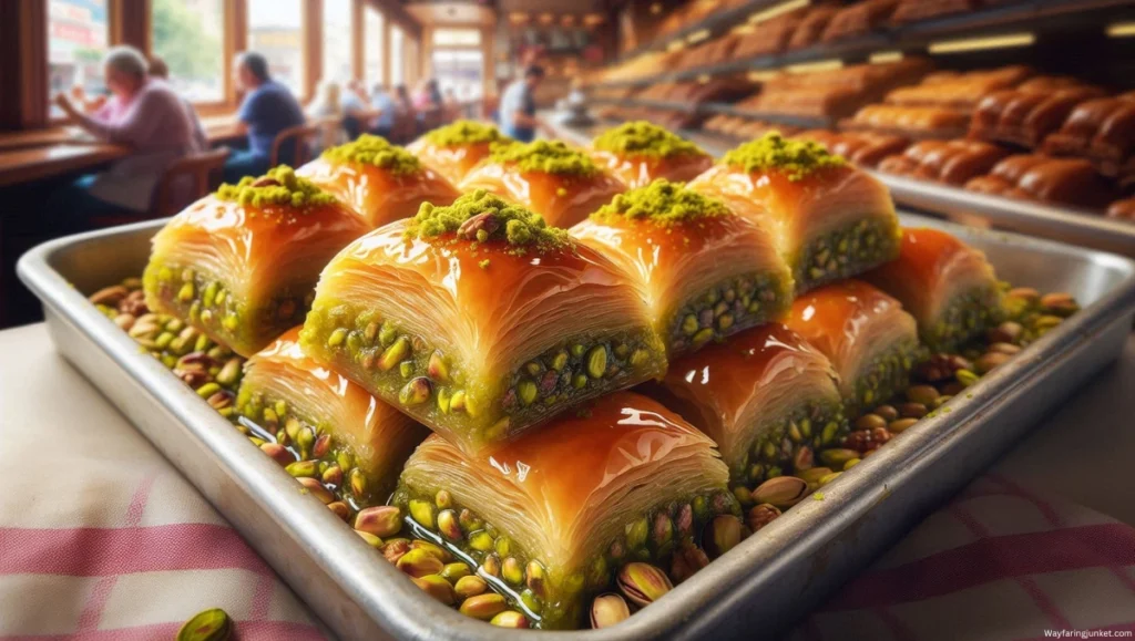 Close-up of a tray of freshly made baklava in Istanbul, Turkey, with golden phyllo dough and a pistachio filling glistening with honey syrup.