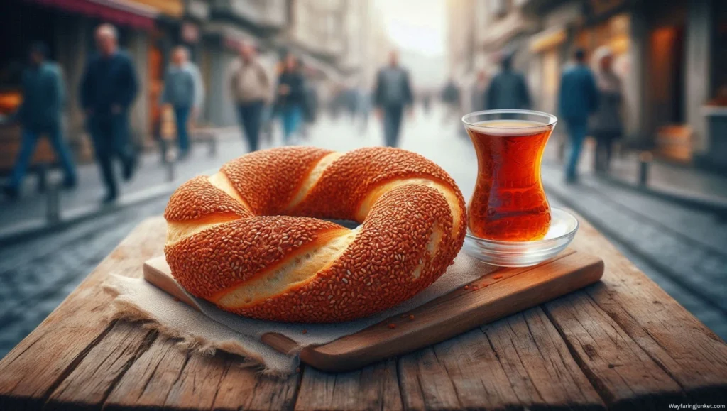 A freshly baked sesame-covered simit with a cup of Turkish tea on a rustic wooden surface in Istanbul, Turkey.