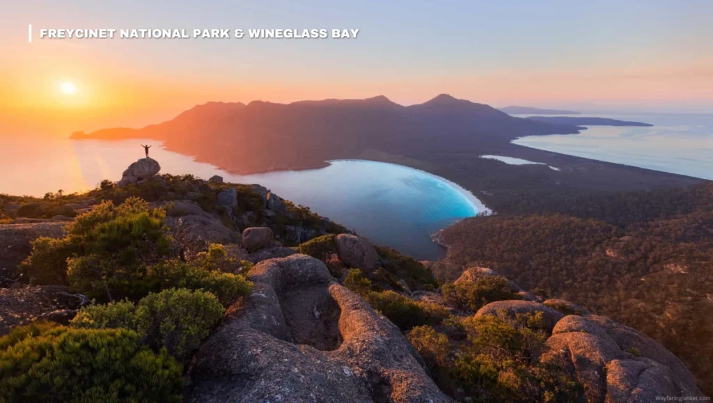 A stunning aerial view of Wineglass Bay’s pristine white sand beach and turquoise waters, framed by the rugged granite peaks of Freycinet National Park in Tasmania.