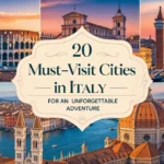 A visually engaging Pinterest pin for the blog post "20 Must-Visit Cities in Italy for an Unforgettable Adventure," featuring a collage of iconic Italian landmarks like the Colosseum, Grand Canal, and Duomo di Firenze.