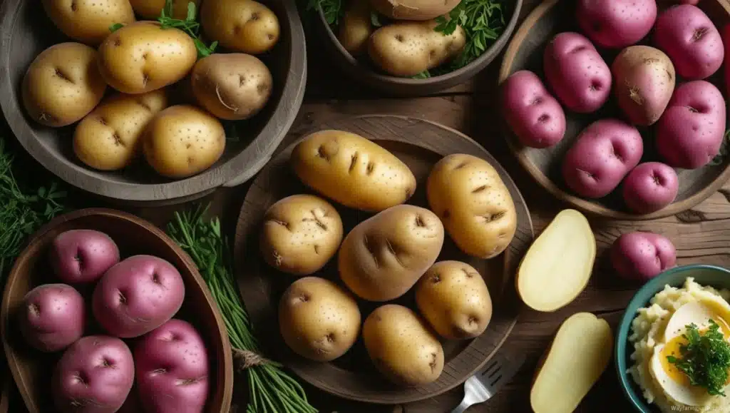 Assorted fresh potatoes, including golden, red, and purple varieties, arranged on a rustic wooden surface with some sliced open to reveal their texture.