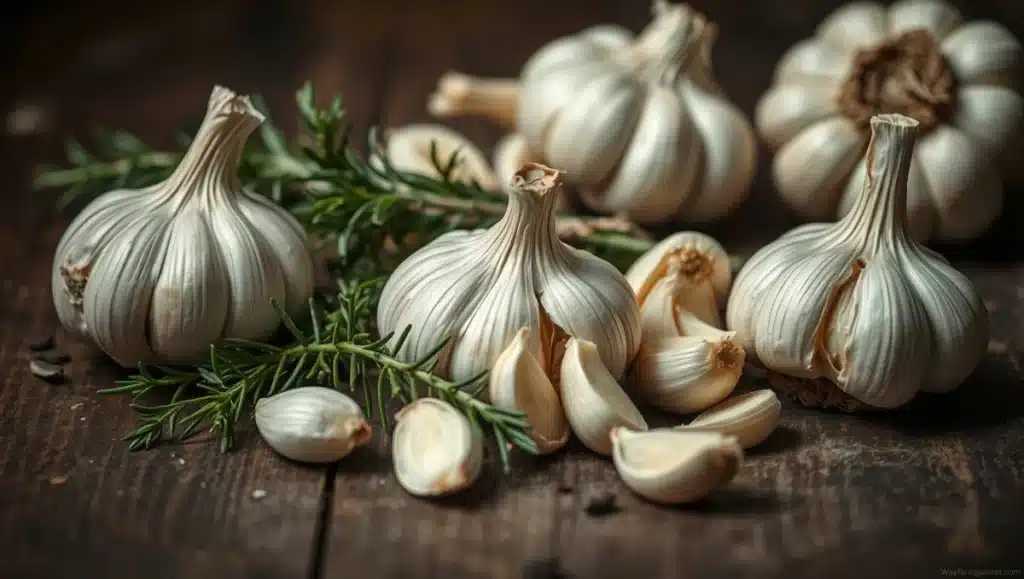 Fresh garlic bulbs and cloves on a rustic wooden surface, highlighting garlic's immune-boosting properties.