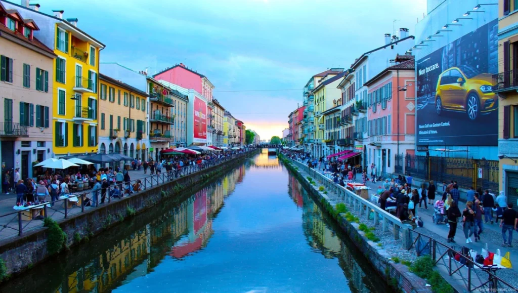 The vibrant Navigli district in Milan, Italy, featuring picturesque canals, lively restaurants, and charming historic buildings.